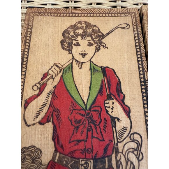 Antique 20's Pyrography Flemish Art Lady Golfer Handkerchief/Gloves Wood Box - Picture 8 of 12